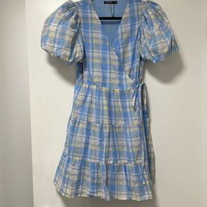 Nasty Gal Plaid Puff Sleeve Wrap Dress